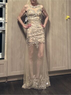 NWT Beige Sequin Embellished Prom Evening wedding guest Homecoming Dress Gown 2